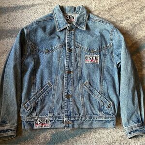 Vintage men's size M Get Used Denim Bomber Jacket with Patch Accents
